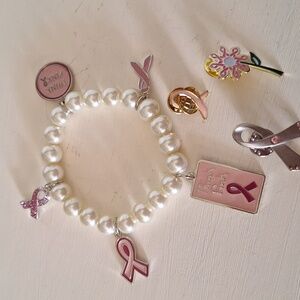 Pink Ribbon Breast Cancer Awareness Metal Pins and Pearl Stretch Bracelet Lot